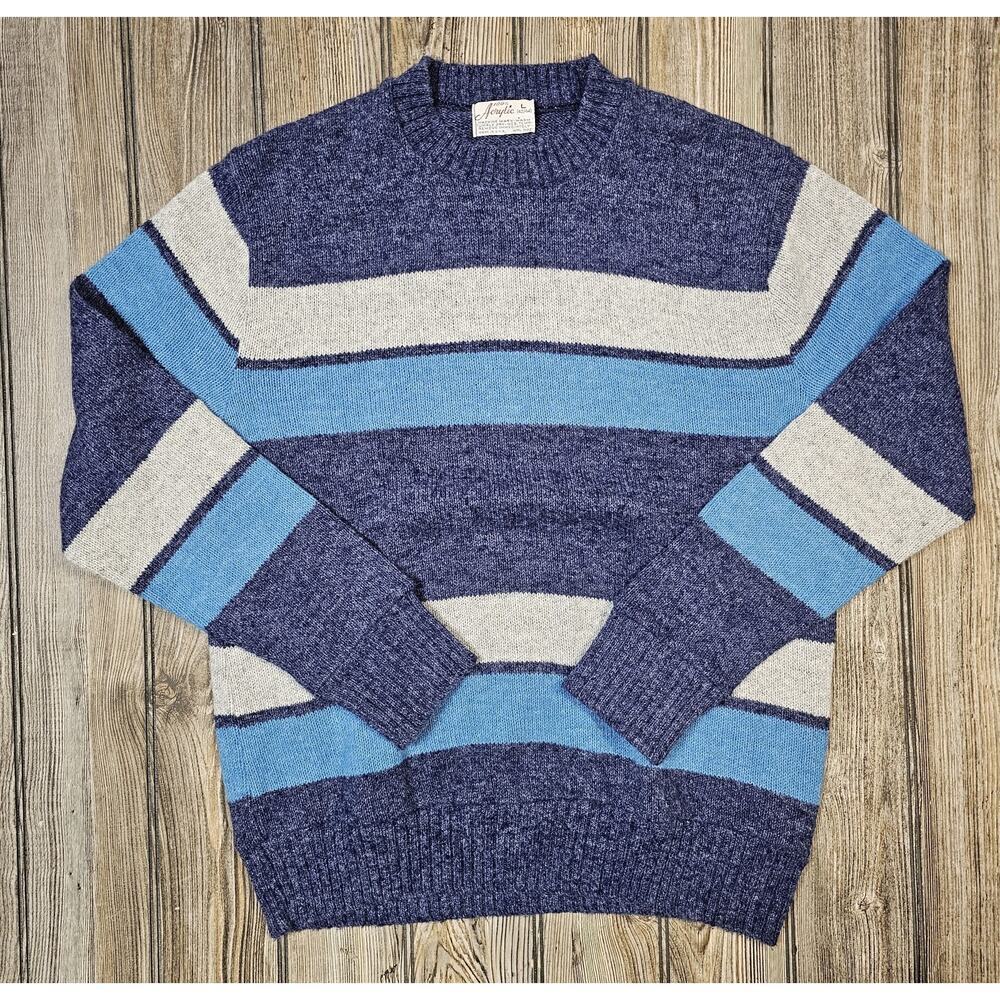 Vintage Crewneck Striped Sweater Blue 60s 70s Acrylic Large